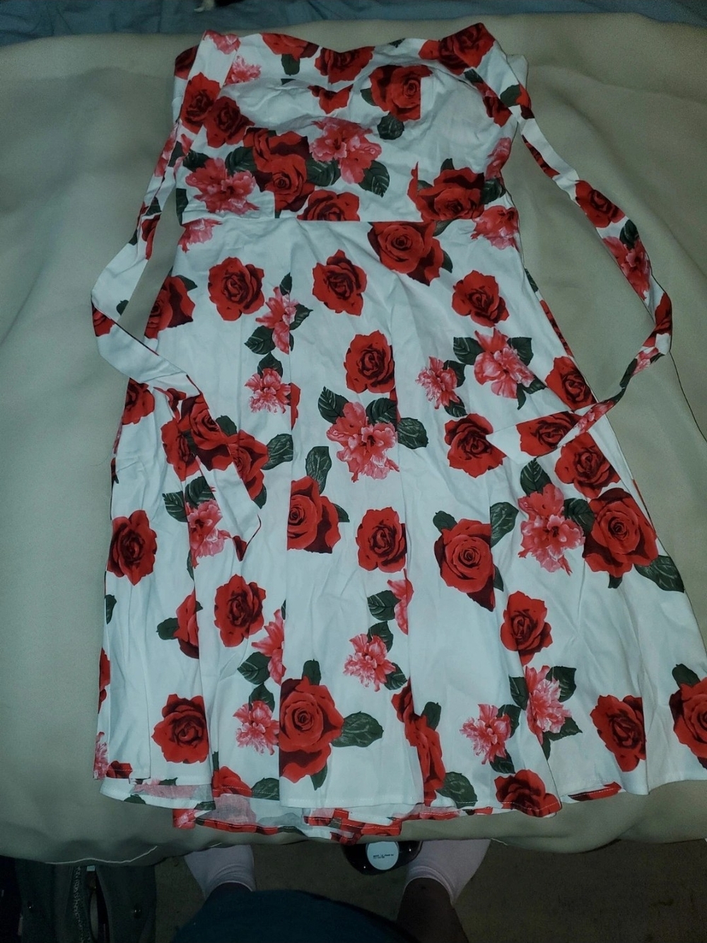 White Dress with Red Rose Print